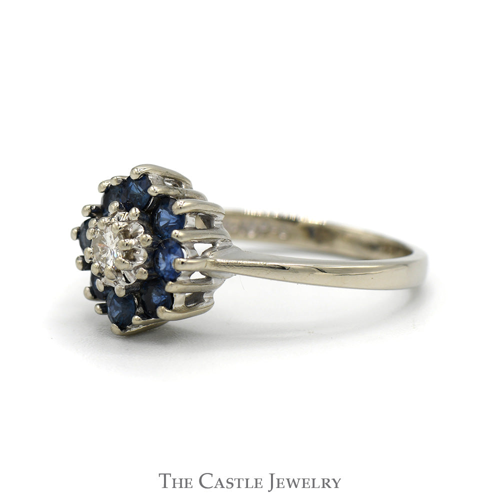 Round .10ct Diamond Ring with Sapphire Halo in 14k White Gold