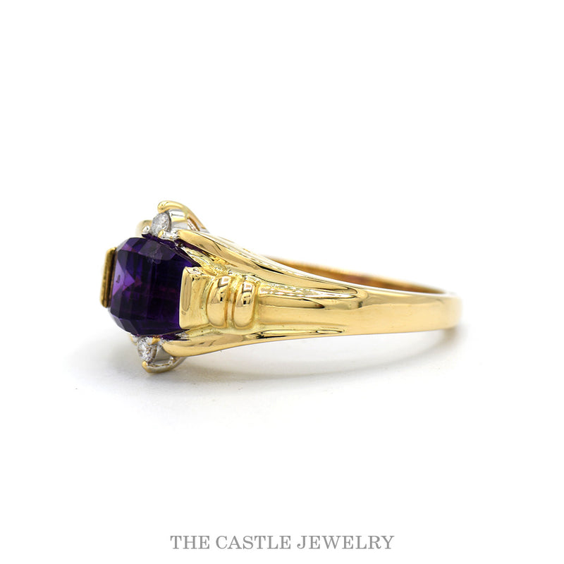 Fancy Cut Amethyst Ring with Diamond Accents in 14k Yellow Gold