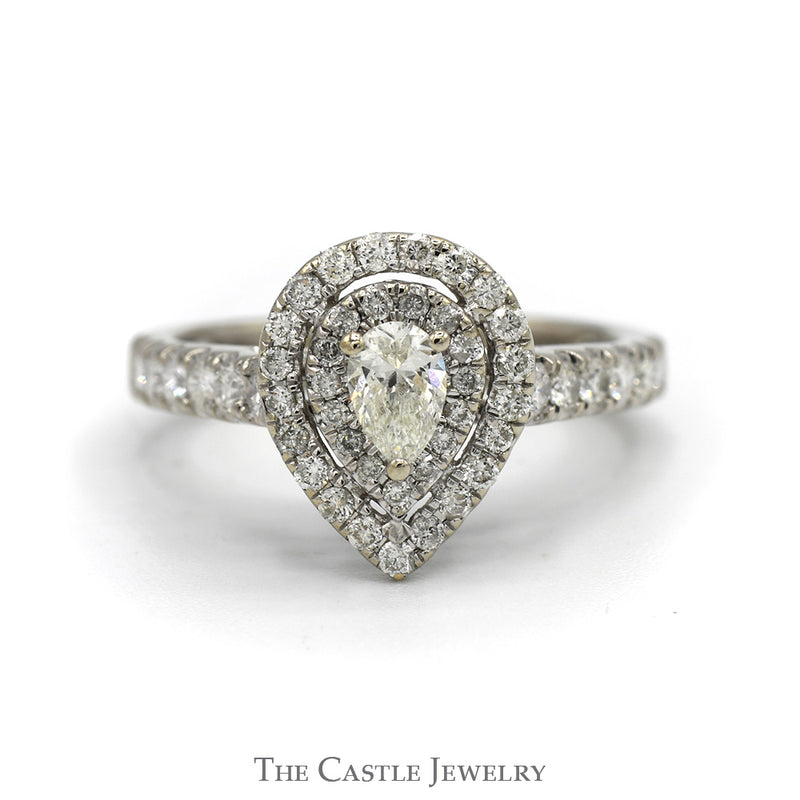 1cttw Pear Cut Diamond Engagement Ring with Double Diamond Halo and Accented Sides in 14k White Gold