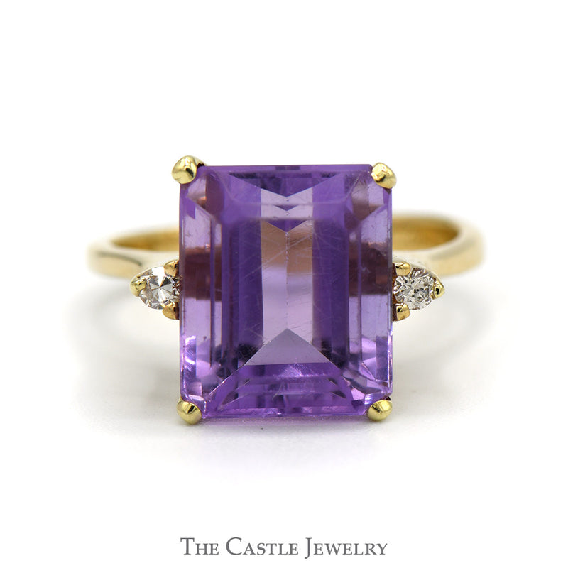 Emerald Cut Amethyst Ring with Round Diamond Accents in 10k Yellow Gold