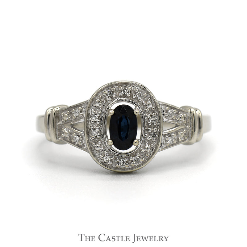 Oval Sapphire Ring with Illusion Set Diamond Halo and Accented Split Shank Sides in 10k White Gold