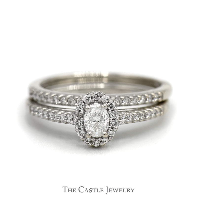 Oval Shaped Diamond Bridal Set with Diamond Halo and Matching Diamond Band in 14k White Gold