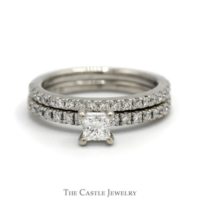 Princess Cut Diamond Bridal Set with Diamond Accented Sides and Matching Band in 14k White Gold
