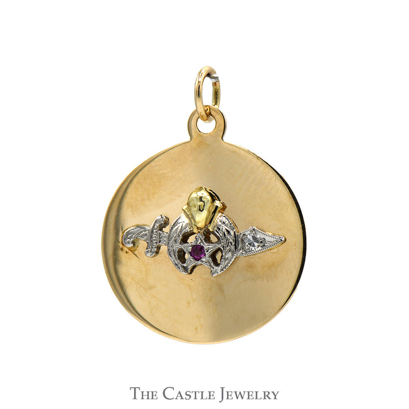 Scimitar and Moon Shriner's Masonic Disc Charm Pendant in 14k Yellow Gold