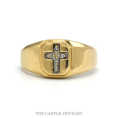 10k yellow gold signet ring with a diamond cross recessed into an octagonal panel — top view