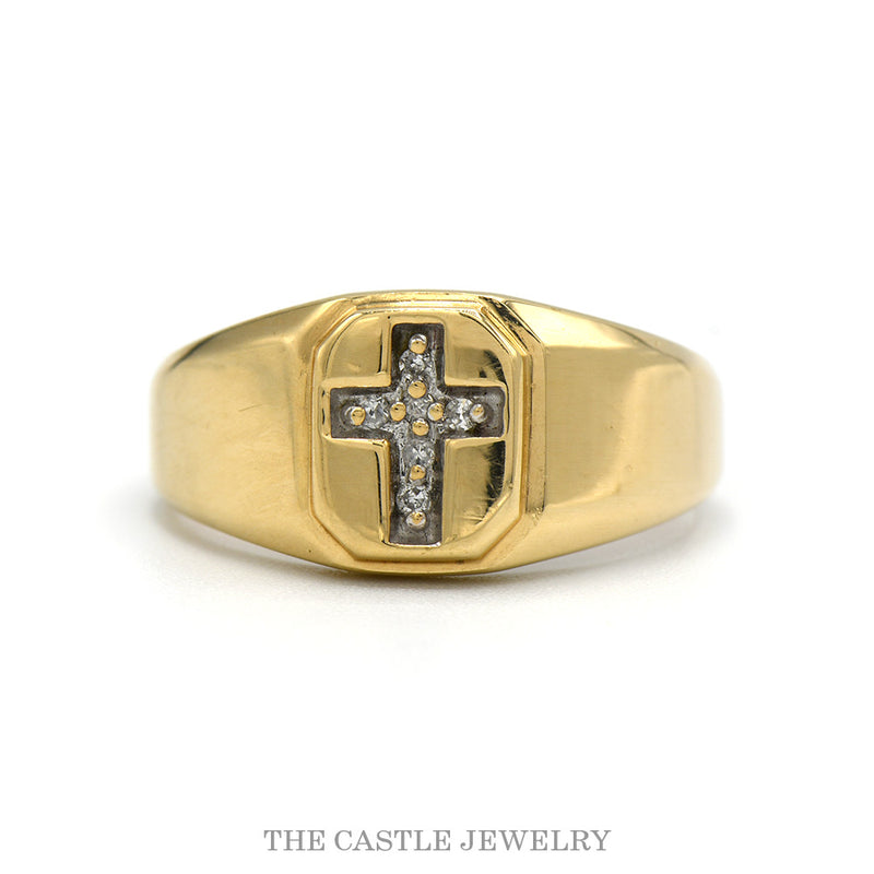 10k yellow gold signet ring with a diamond cross recessed into an octagonal panel — top view