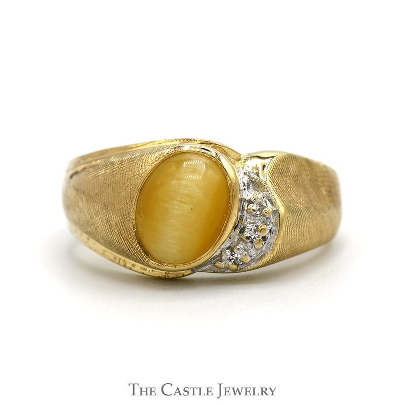 Oval Tiger's Eye Men's Ring with Diamond Accents in 10k Yellow Gold Brushed Textured Mounting