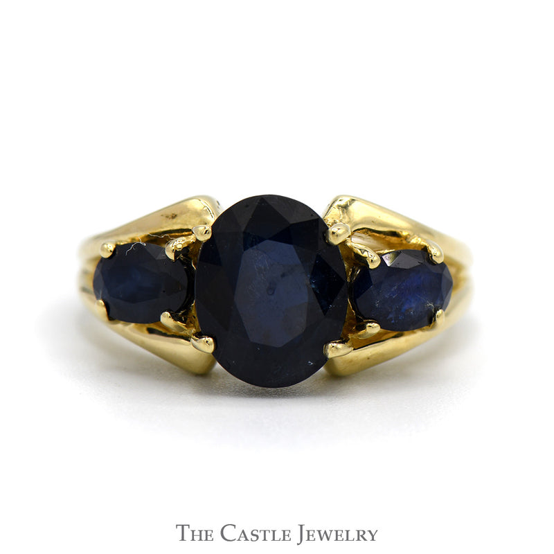 Oval Sapphire Three Stone Ring with Open Split Shank Sides in 14k Yellow Gold