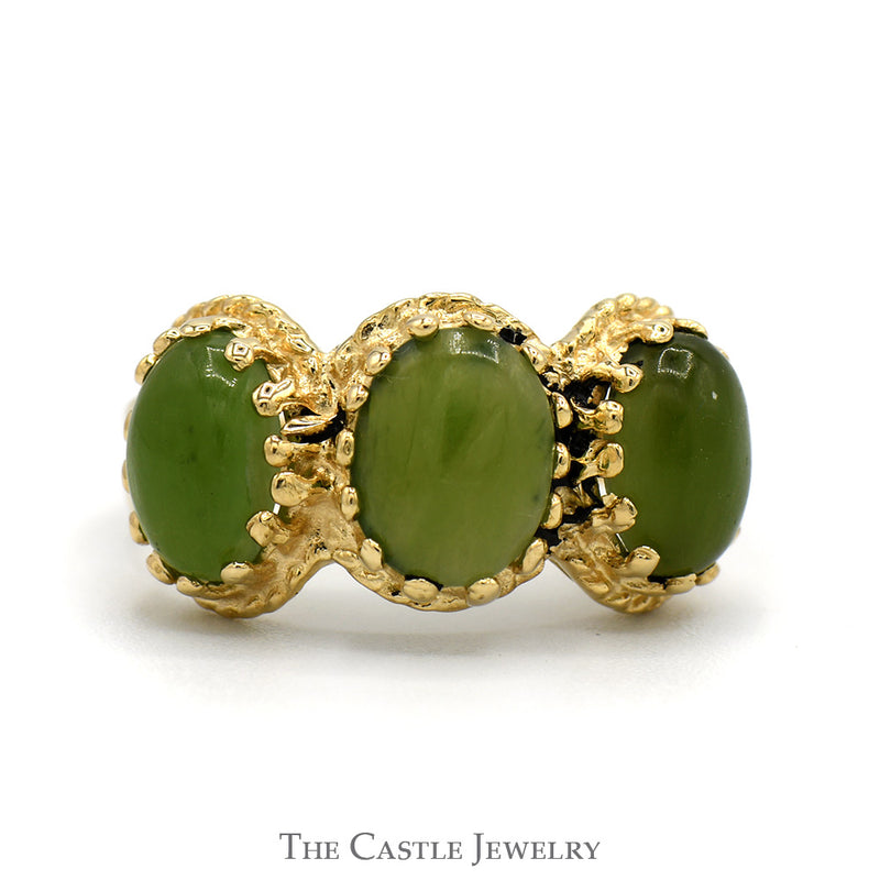 Oval Cut Green Jade Three Stone Ring with Open Split Shank Sides in 14k Yellow Gold