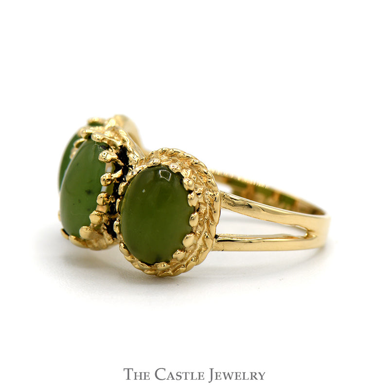 Oval Cut Green Jade Three Stone Ring with Open Split Shank Sides in 14k Yellow Gold