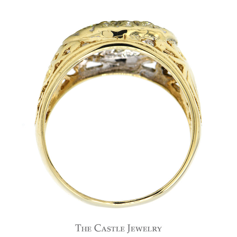 3/4cttw Diamond Kentucky Cluster Ring with Open Filigree Sides in 10k Yellow Gold