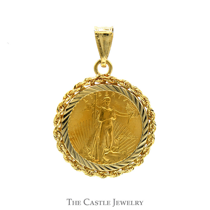 1989 MCMLXXXIX Gold Liberty Coin Pendant in 14k Yellow Gold Rope Designed Bezel