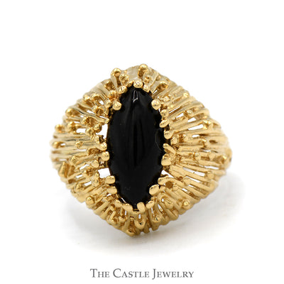 Marquise Cut Black Onyx Ring with Open Beaded Textured Sides in 14k Yellow Gold