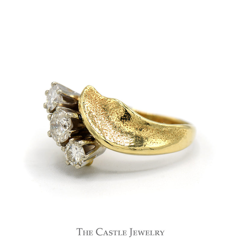 Diagonally Set Three Stone Diamond Ring in 10k Yellow Gold Bypass Mounting