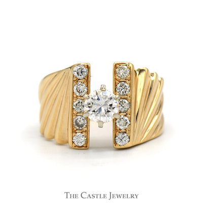 Round Diamond Solitaire Open Wave Designed Ring with Diamond Accents in 14k Yellow Gold