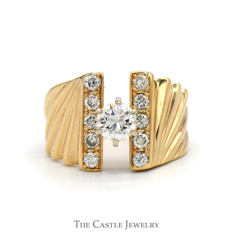 Round Diamond Solitaire Open Wave Designed Ring with Diamond Accents in 14k Yellow Gold