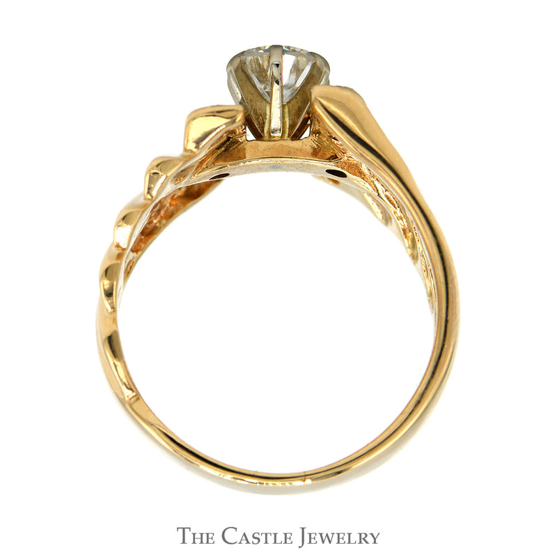 Round Diamond Solitaire Open Wave Designed Ring with Diamond Accents in 14k Yellow Gold