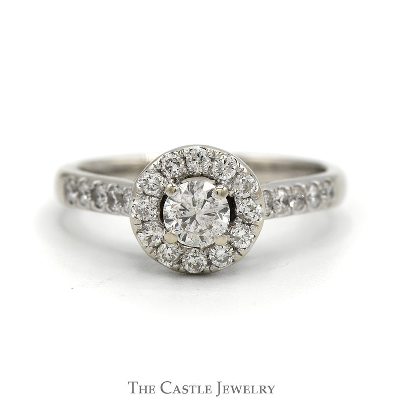 Round Diamond Engagement Ring with Diamond Halo and Diamond Accented Sides in 14k White Gold