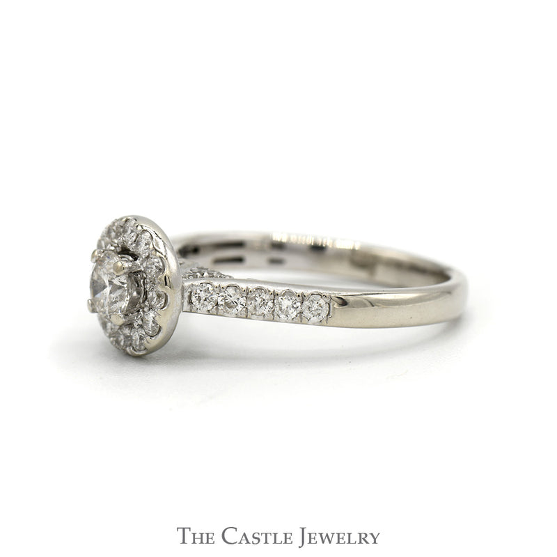 Round Diamond Engagement Ring with Diamond Halo and Diamond Accented Sides in 14k White Gold