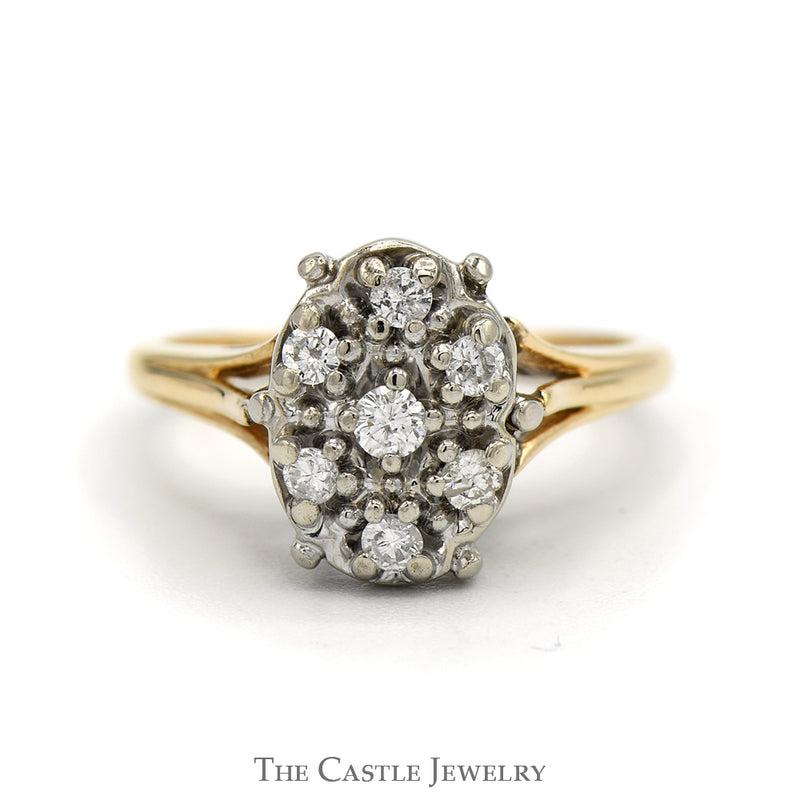 Oval Shaped 7 Round Diamond Cluster Ring in 14k Yellow Gold