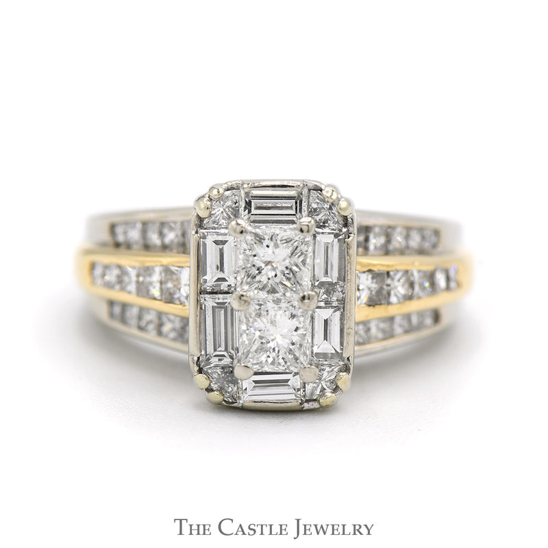 2cttw Rectangular Shaped Round & Baguette Cut Diamond Cluster Engagement Ring in Two Tone 14k White & Yellow Gold