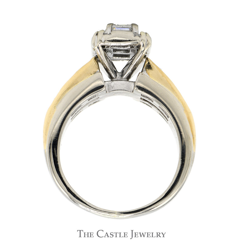 2cttw Rectangular Shaped Round & Baguette Cut Diamond Cluster Engagement Ring in Two Tone 14k White & Yellow Gold