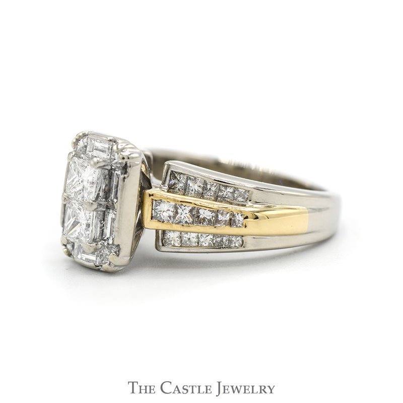2cttw Rectangular Shaped Round & Baguette Cut Diamond Cluster Engagement Ring in Two Tone 14k White & Yellow Gold