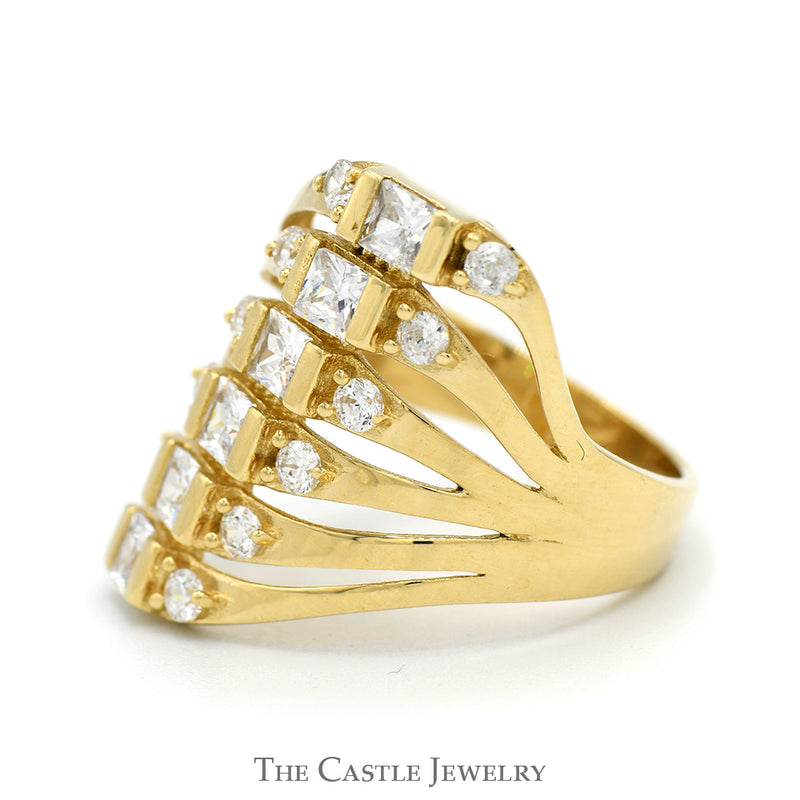 Multi Row Round & Square Cut Cubic Zirconia Ring in 14k Yellow Gold