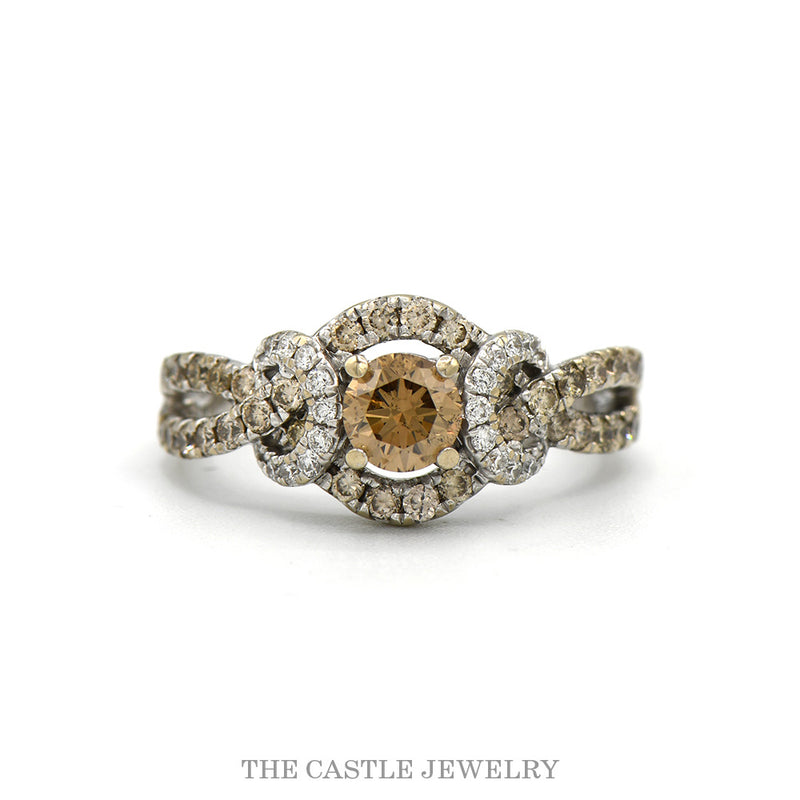 14k white gold cocoa and white diamond halo ring — top view