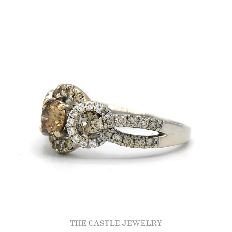 Side profile of the 14k white gold cocoa diamond halo ring with interwoven sides