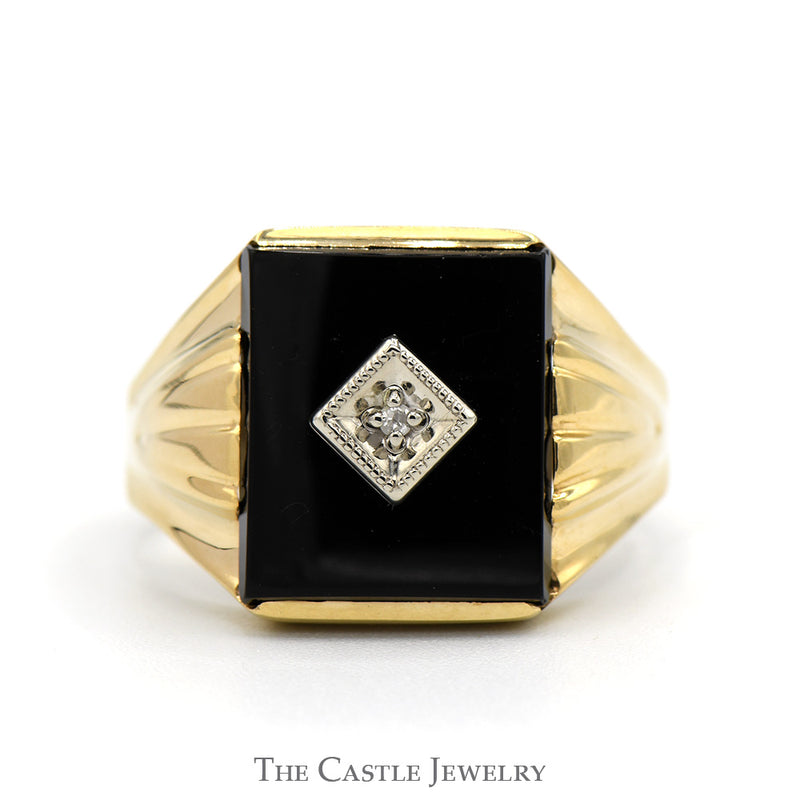 Rectangular Black Onyx Ring with Diamond Accent in 10k Yellow Gold