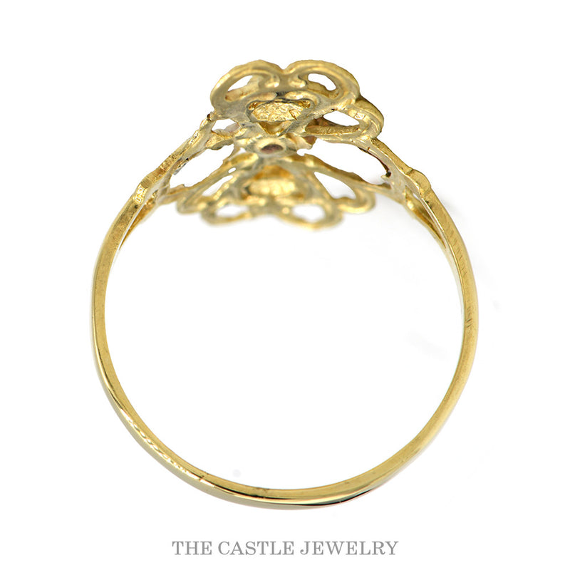 Front-facing view of the 14k tri-color gold navette floral ring
