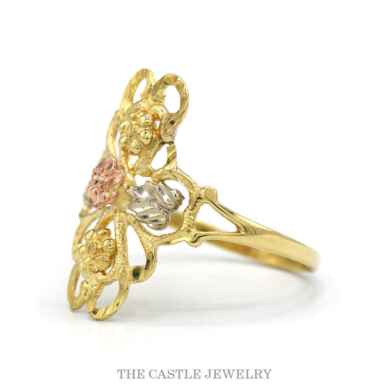Side profile of the 14k tri-color gold filigree ring