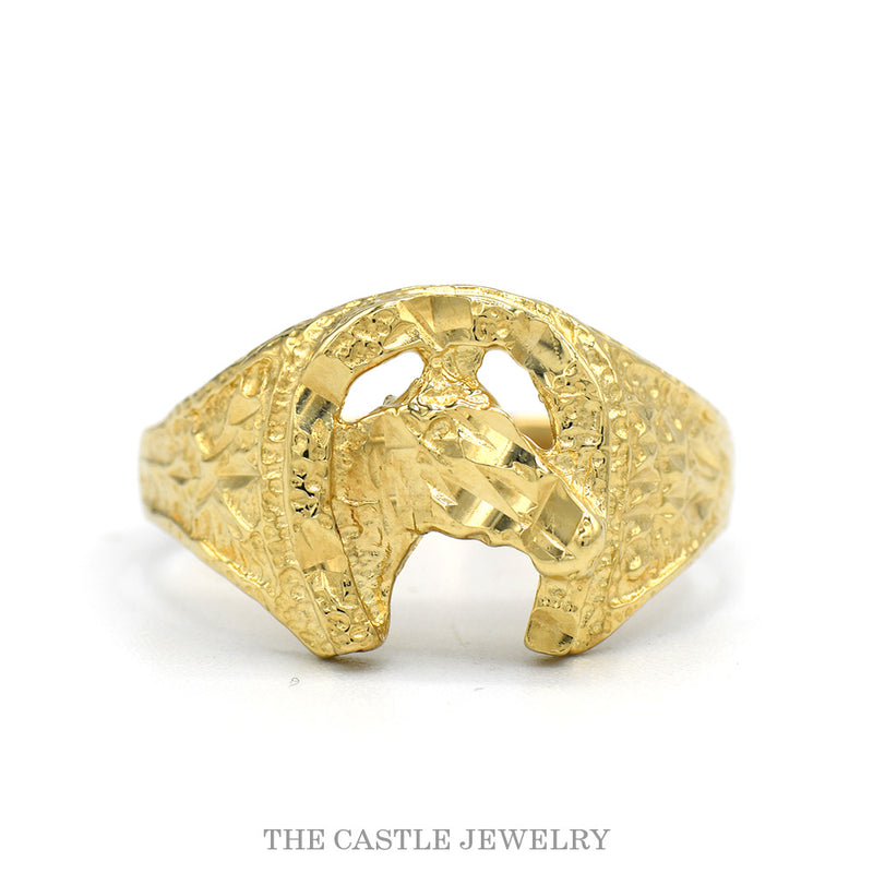 10k yellow gold horseshoe ring with horse head center — top view