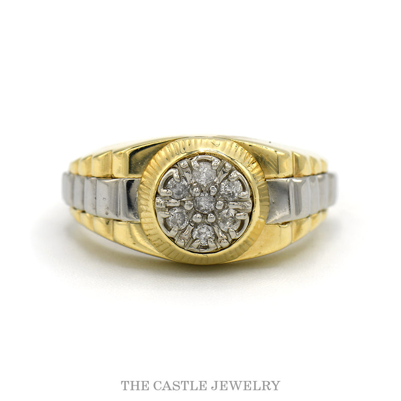 14k two-tone men's diamond cluster ring with fluted bezel — top view