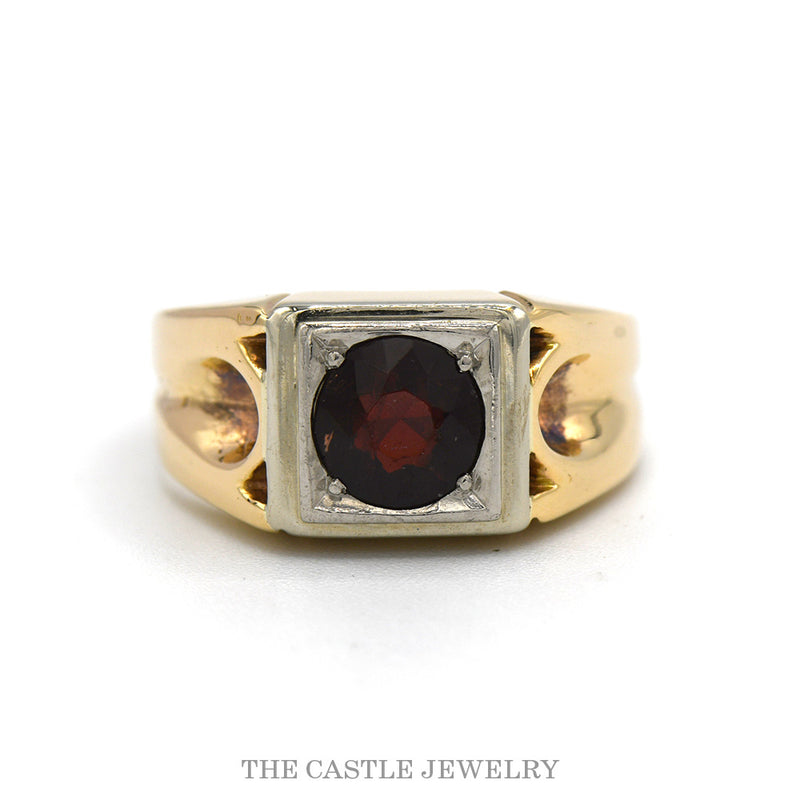Round Garnet Solitaire Ring in Open Concaved Setting in 14k Yellow Gold