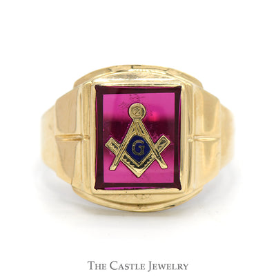 Square & Compass Masonic Ring on Synthetic Red Stone in 10k Yellow Gold