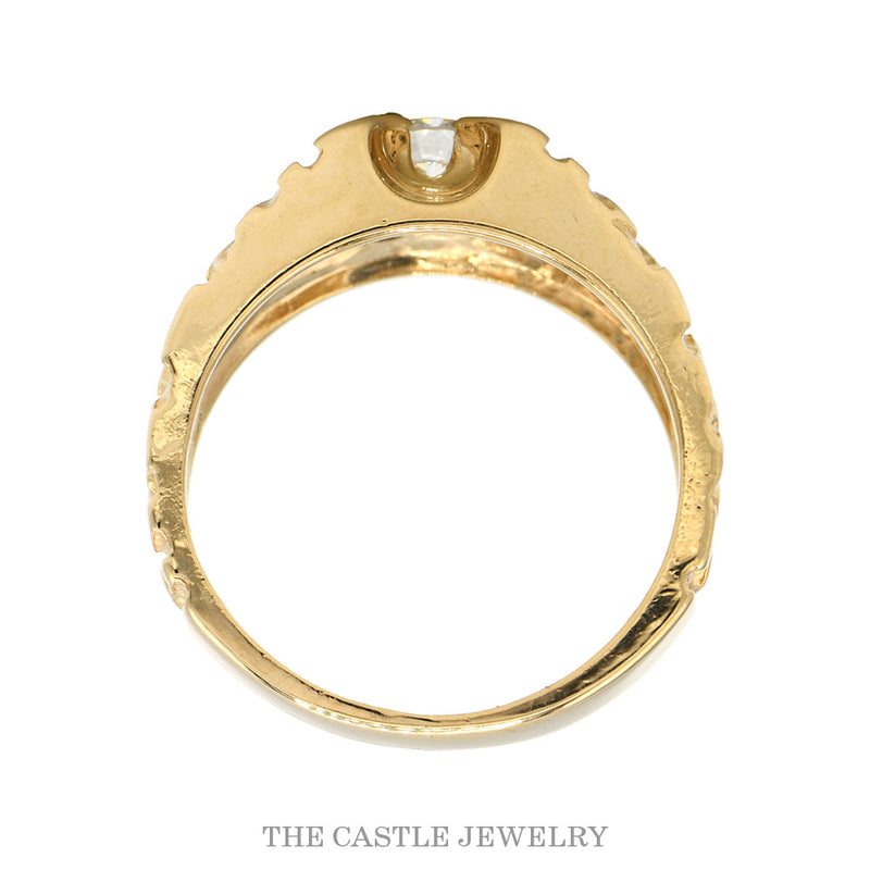 Round Diamond Solitaire Men's Ring with Textured Nugget Sides in 14k Yellow Gold