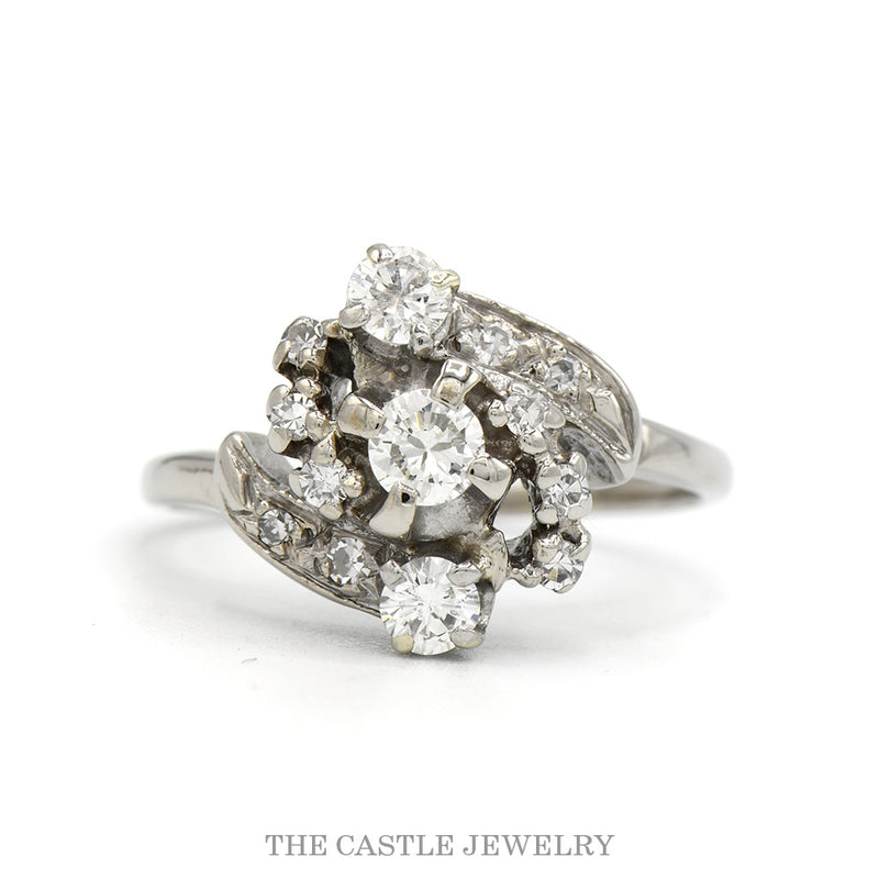Antique Style Swirled Diamond Cluster Ring in 14k White Gold