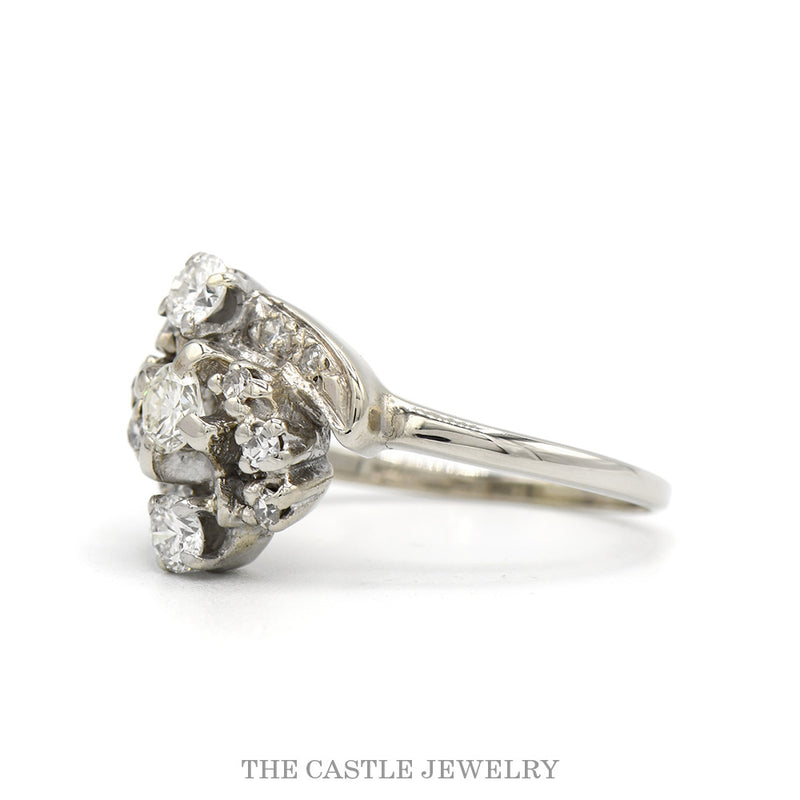Antique Style Swirled Diamond Cluster Ring in 14k White Gold