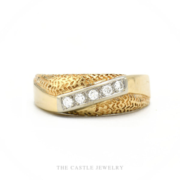 10k two-tone gold men's ring with diagonal diamond channel and nugget-textured shoulders — top view