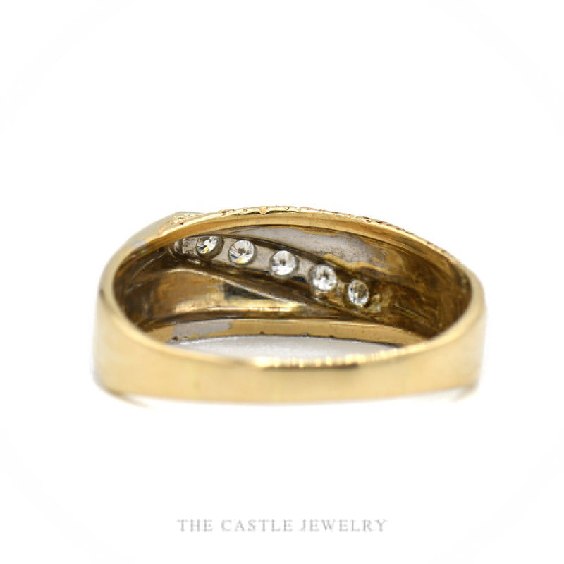Front-facing view of the 10k two-tone diagonal diamond men's ring showing the nugget-gold shoulder detail