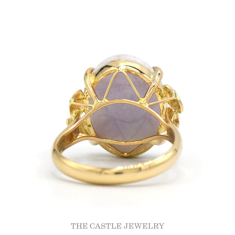 Front-facing view of the 14k yellow gold lavender jade ring