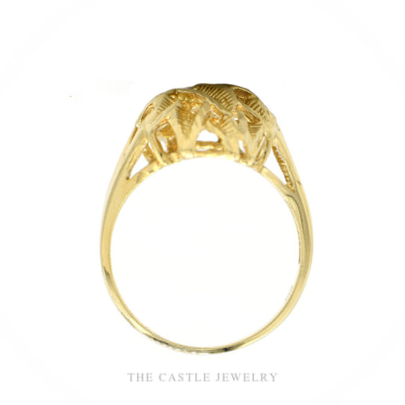 Front-facing view of the 14k yellow gold laurel cluster ring showing split shank and leaf detail