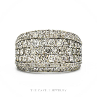 10k white gold multi-row round diamond cluster band with wider center row — top view