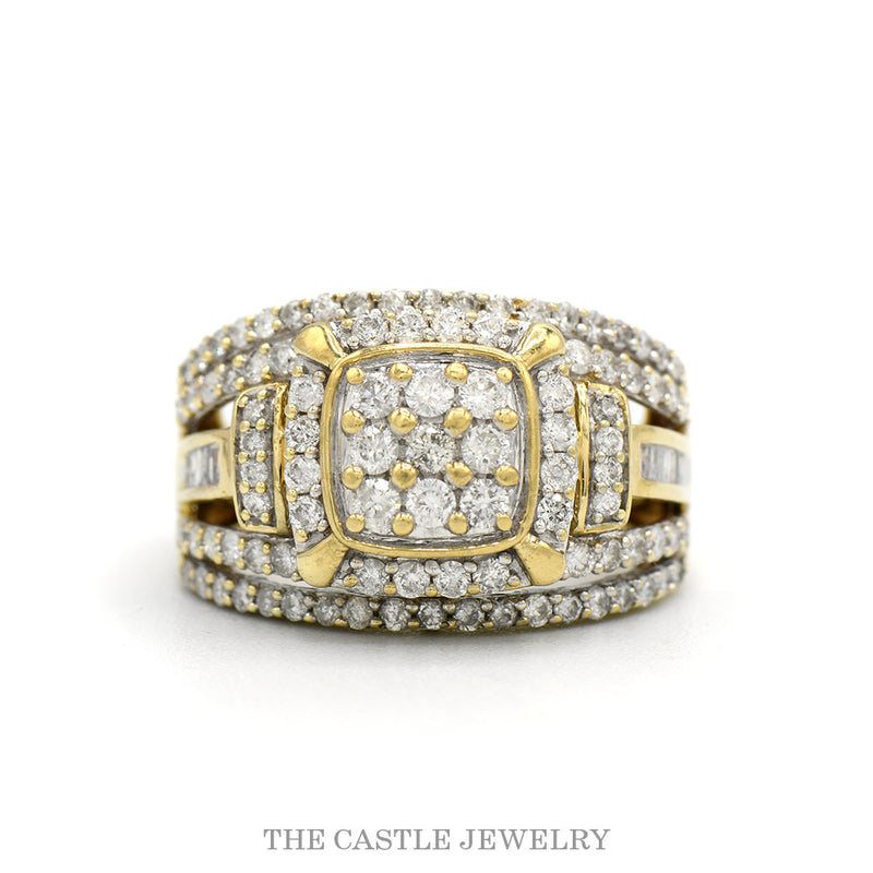 1cttw Round Diamond Cluster Bridal Ring with Diamond Halo and Heavily Accented Sides in 10k Yellow Gold