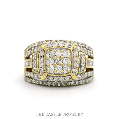 1cttw Round Diamond Cluster Bridal Ring with Diamond Halo and Heavily Accented Sides in 10k Yellow Gold