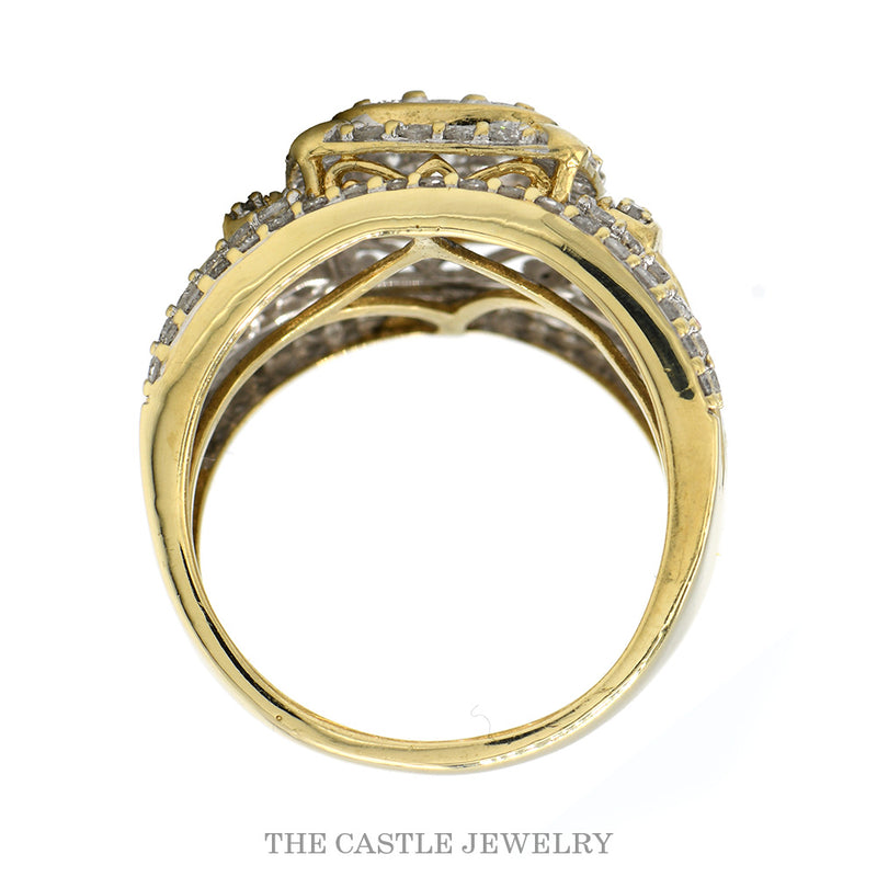 1cttw Round Diamond Cluster Bridal Ring with Diamond Halo and Heavily Accented Sides in 10k Yellow Gold