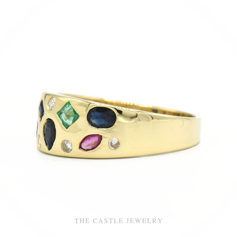Side profile of the 14k yellow gold cigar band showing width and flush-set stones