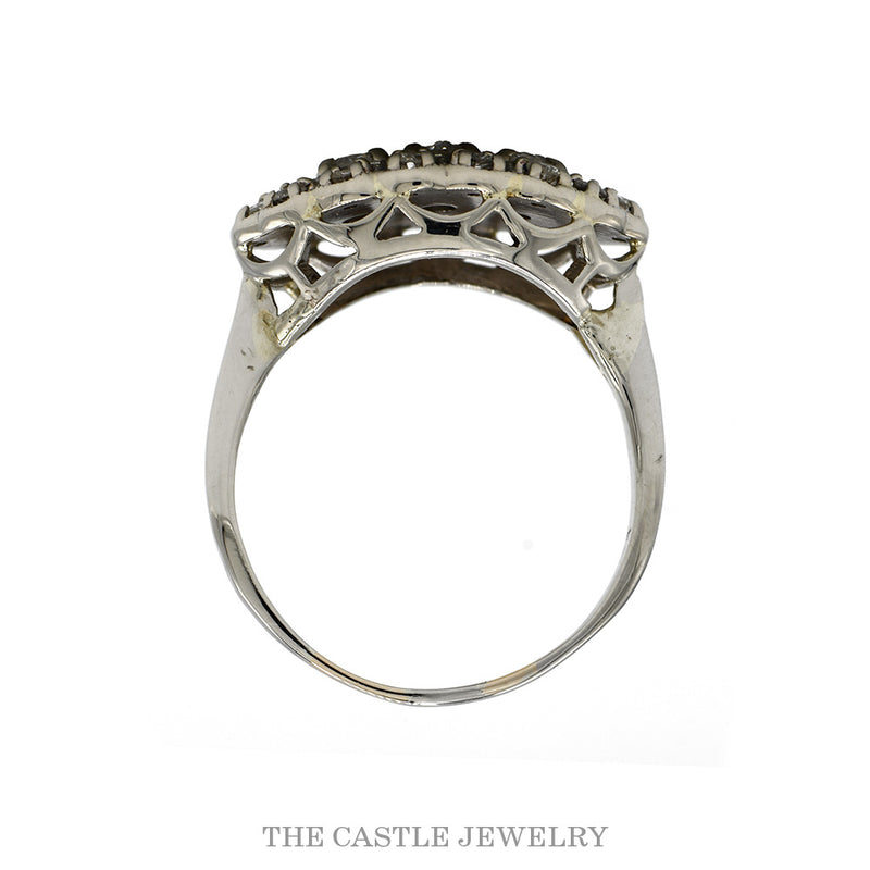 Front-facing view of the three stone oval diamond cluster ring in 14k white gold